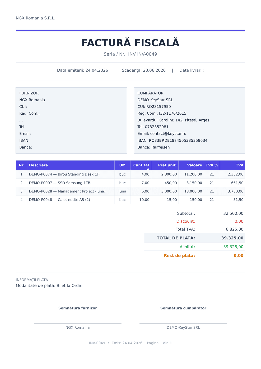Factura PDF generată din șablon, cu datele furnizorului și cumpărătorului, liniile de produse, TVA-ul și totalurile completate automat