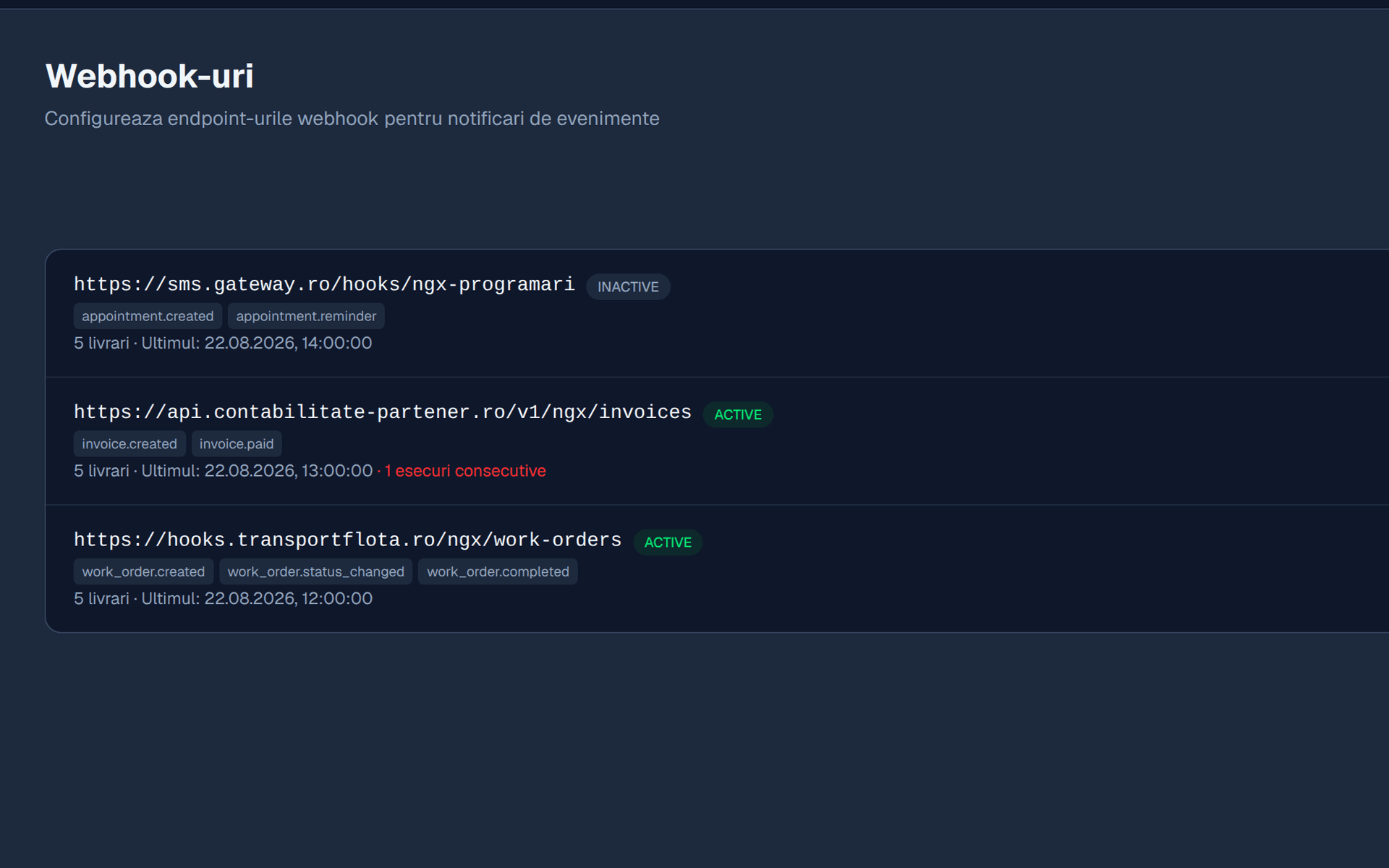Webhook-urile configurate, cu evenimentele și livrările lor