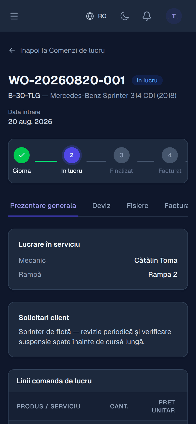 Comanda de lucru în portalul clientului, pe telefon: pașii lucrării, mecanicul, rampa, solicitările și liniile de deviz