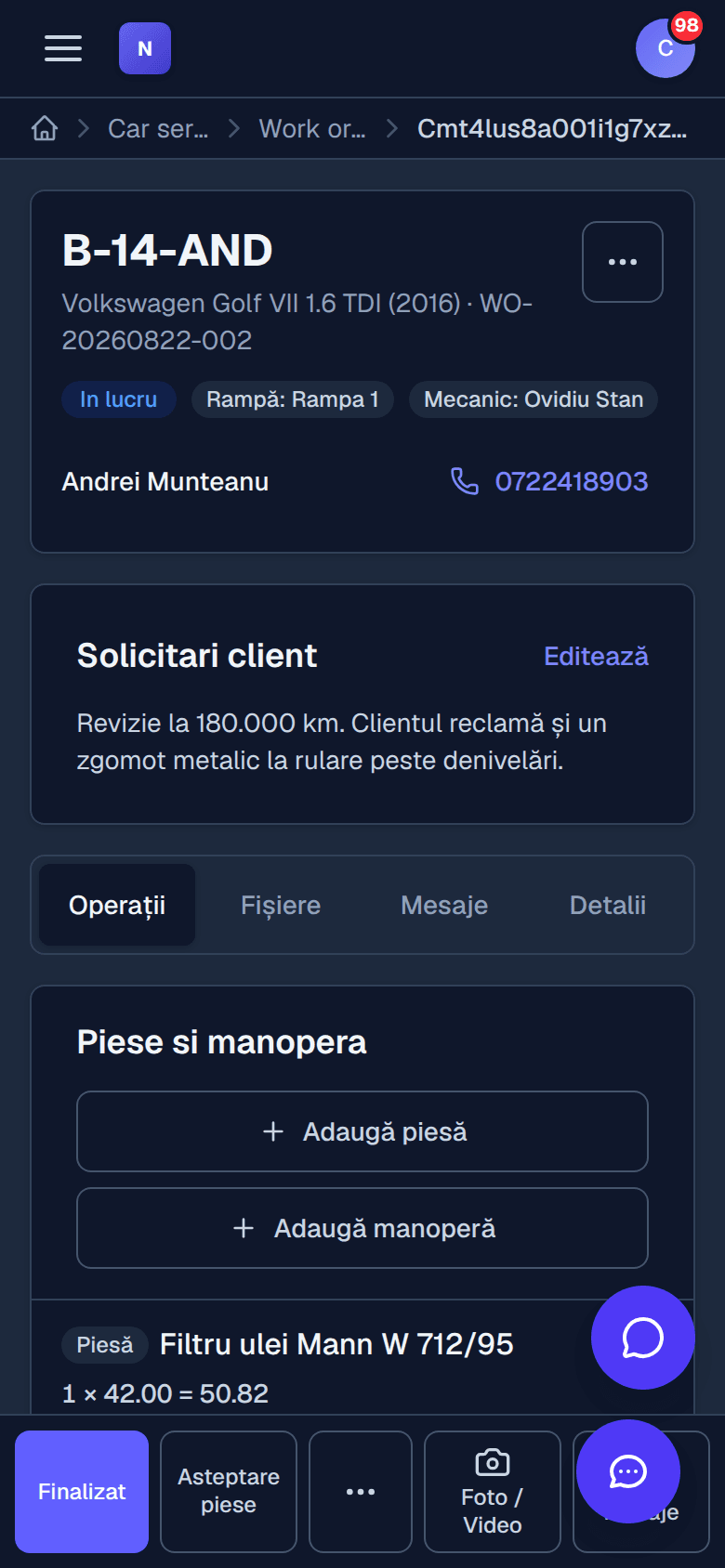 Pagina comenzii de lucru pe telefonul mecanicului, cu butoanele de status și adăugare de linii