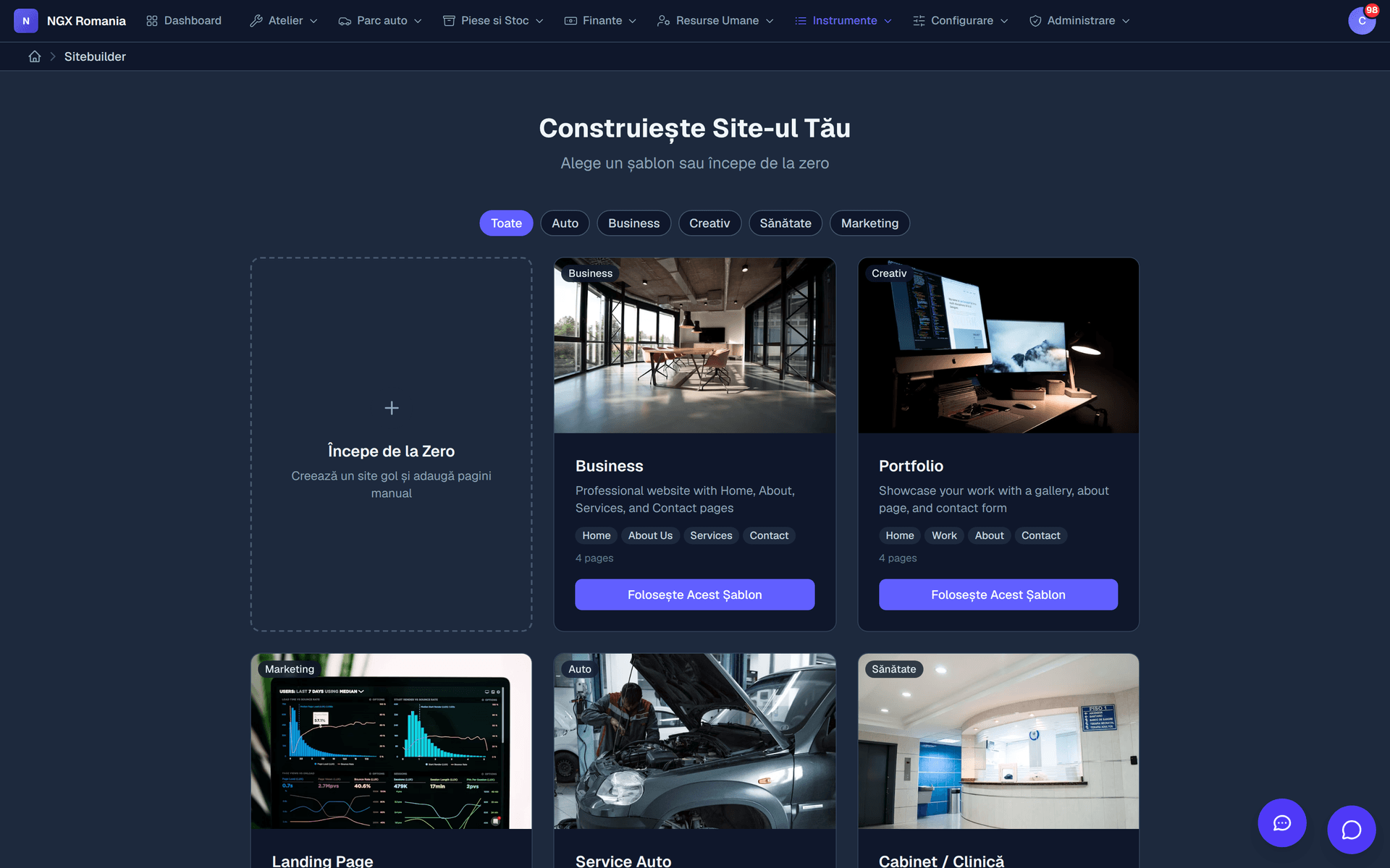 Panoul Sitebuilder din NGX, cu paginile site-ului public și starea lor de publicare
